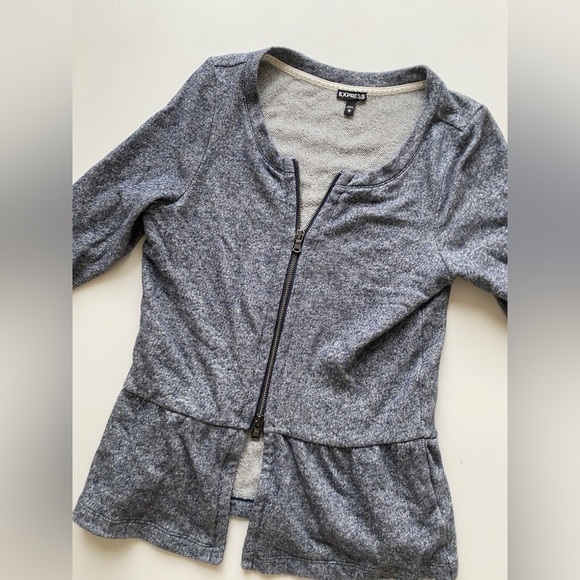 Express Blue Heather Gray Zip Front Peplum 3/4 Sleeve Sweater Women’s Medium - Picture 1 of 8